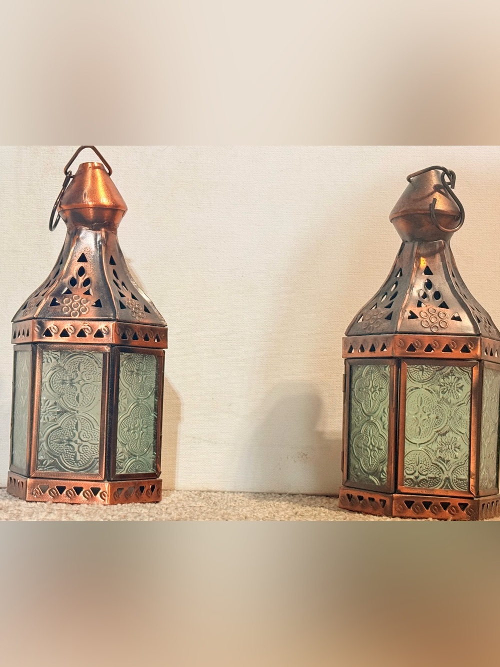 2- Copper-Finish Lantern with Green Textured Glass - Home Accents